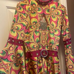 AS multi colored 70’s style long sleeve pants outfit earrings/headband included